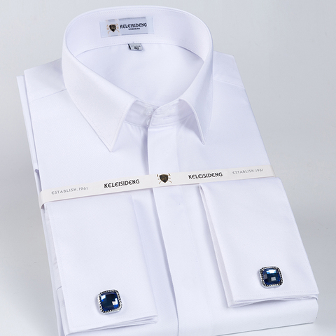 Camisa de vestir con botones ocultos para hombre, camisa clásica de manga larga para negocios, camisas blancas de corte estándar (gemelos incluidos) ► Foto 1/6