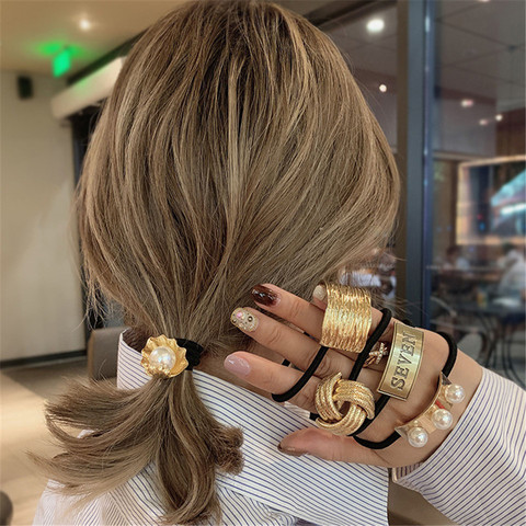 Lazos para el pelo de aleación de oro para niña y mujer, coletero con perlas elásticas, cintas para el pelo, accesorios para el cabello con letras góticas Punk ► Foto 1/6