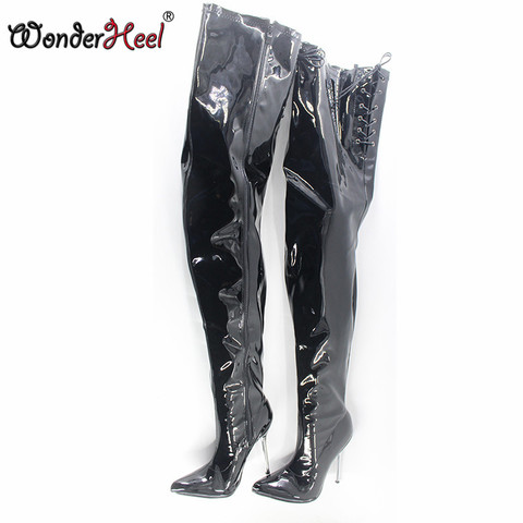 Wonderheel-Botas por encima de la rodilla de tacón de aguja de 12cm, botines sexys de charol, fetiche, en tienda, triangulación de envíos ► Foto 1/6