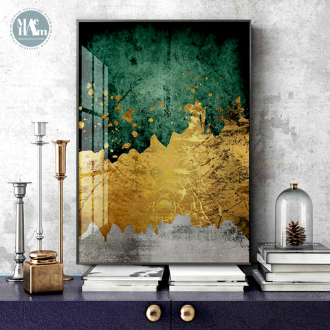 Pintura en lienzo dorado para decoración de pared, Póster Artístico abstracto de lámina de oro y Esmeralda para sala de estar y porche ► Foto 1/5
