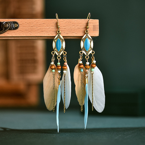 Pendientes colgantes étnicos de plumas para mujer, joyería bohemia de verano, aretes largos de Metal con borlas, joyería India ► Foto 1/6