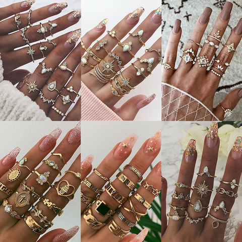 KSRA-anillos de nudillo dorados estilo Vintage para mujer, anillos de dedo geométricos de cristal bohemio, Estrella creciente, conjunto de joyería 2022 ► Foto 1/6