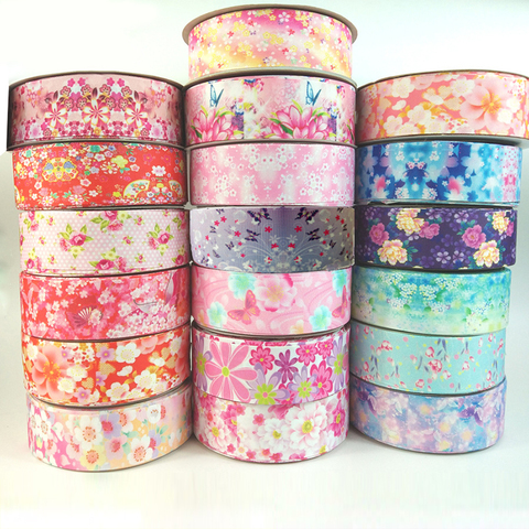 Cinta de grogrén con estampado Floral para manualidades, cinta de satén de encaje para manualidades, envoltura de regalos, 5 yardas/lote, 25/38mm ► Foto 1/6