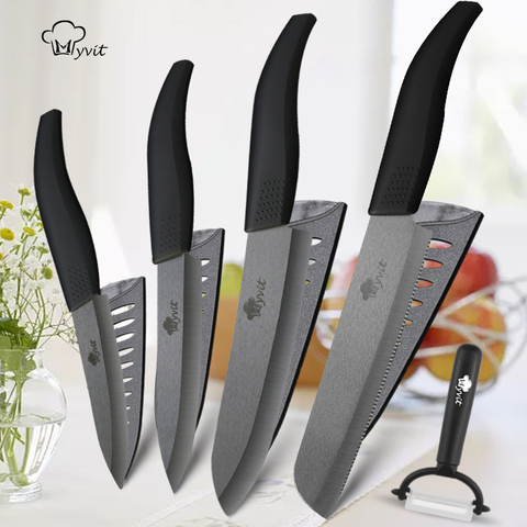 Cuchillo de cerámica para cocina, 3, 4, 5 pulgadas + 6 pulgadas, juego de pan dentado + pelador, hoja de Zirconia negra, cuchillo de Chef de frutas, herramienta de cocina ► Foto 1/6