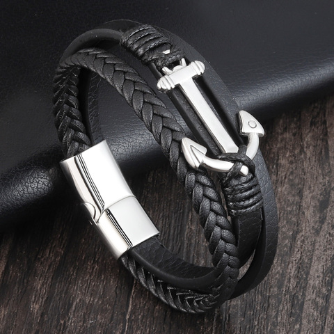 Pulseras de ancla de acero inoxidable Punk para hombre, brazaletes de cuero genuino, joyería, Color negro, regalo de moda ► Foto 1/6