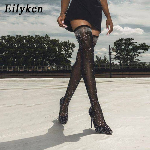 Eilyken-calcetín de tejido elástico de cristal para mujer, botas puntiagudas con tacón por encima de la rodilla, puntiagudas altas hasta el muslo, 2022 ► Foto 1/6