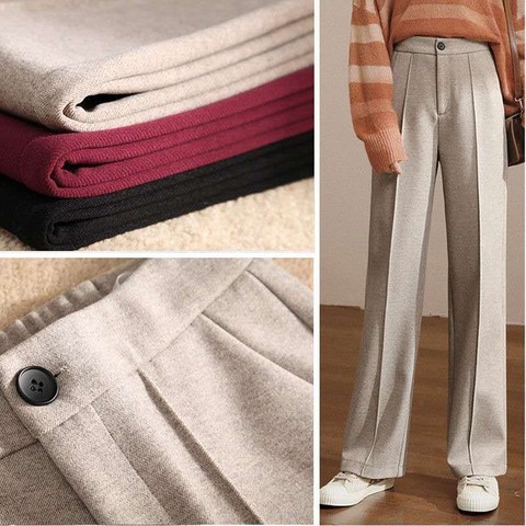 Pantalones de lana para mujer, pantalón de pierna ancha y cintura alta, holgados, informales, de pierna recta, delgados, para fregar, para invierno, 2022 ► Foto 1/5