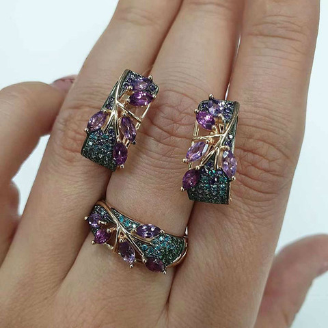 Juegos de joyas para Mujer con forma de hoja de animales de circón, exquisitos pendientes, anillos, accesorios bohemios de boda, 3 uds., 2022 ► Foto 1/6