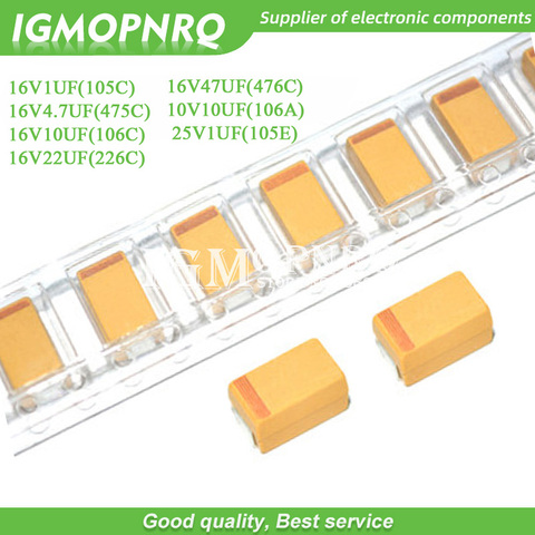 50 Uds tantalio Tipo de condensador 3216 16V1UF 16V4.7UF 16V10UF 16V22UF 10V10UF 25V1UF 16V47UF 105C 475C 106C 105E 476C capacitancia ► Foto 1/2