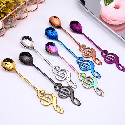 Cuchara agitadora de té y café de acero inoxidable, cucharilla de té con temática musical, de Metal, para pastel, postre, cucharillas de helado, 7 colores ► Foto 1/6