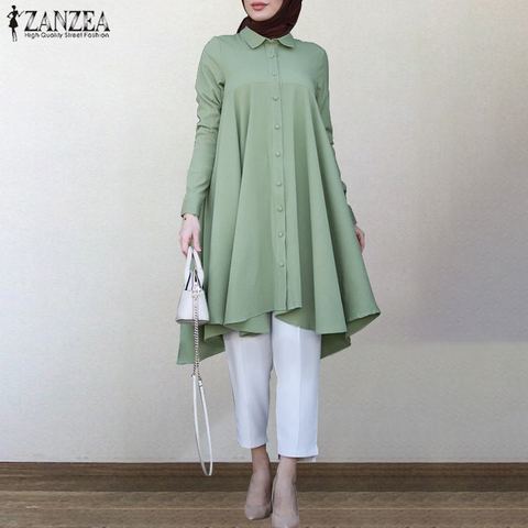 ZANZEA musulmán asimétrico Camisas de mujer otoño blusa 2022 Retro Casual de manga larga turco camisas sólido ropa Islam Bata ► Foto 1/6