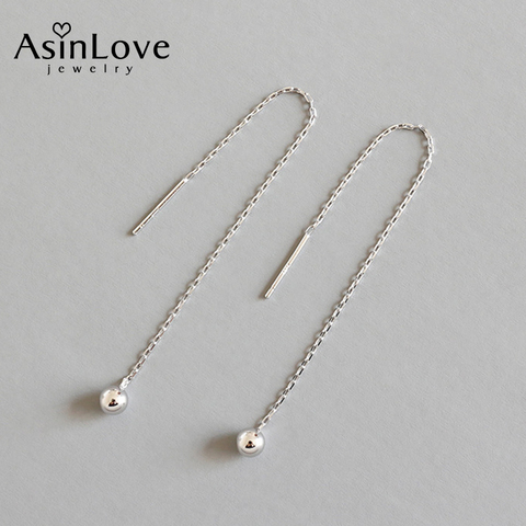 AsinLove-pendientes largos de cadena redonda con cuentas para mujer, de Plata de Ley 925, aretes minimalistas con textura de caída elegante, joyería para niña ► Foto 1/6