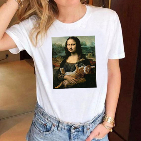 Camisetas con estampado bonito de gato de la Mona Lisa para mujer, ropa gótica de cuello redondo para mujer, camiseta extragrande informal ► Foto 1/6