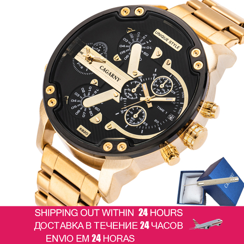 Cagarny-reloj analógico de acero dorado para hombre, accesorio de pulsera de cuarzo resistente al agua con doble pantalla, complemento Masculino de marca de lujo con diseño militar a la moda novedosa ► Foto 1/6