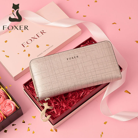 FOXER-billetera larga de cuero de vaca para mujer, regalo de San Valentín, pulsera de moda, bolso de mano para teléfono móvil, titular de la tarjeta femenina ► Foto 1/6