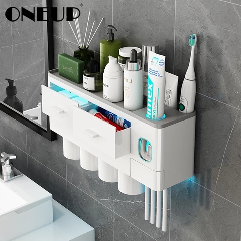 ONEUP-dispensador automático de pasta de dientes, soporte para cepillos de dientes con taza de montaje en pared, estante de almacenamiento de artículos de tocador, Set de accesorios de baño ► Foto 1/6