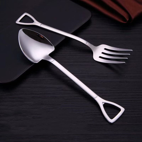 Tamaño grande 18,5 cm creativa forma de pala tenedor cuchara de acero inoxidable pala juego de tenedor cuchara comida postre especialidad artículo de mesa para tenedores ► Foto 1/6