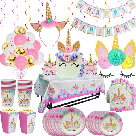 Juego de vajilla desechable para decoración de fiesta de cumpleaños de unicorni 