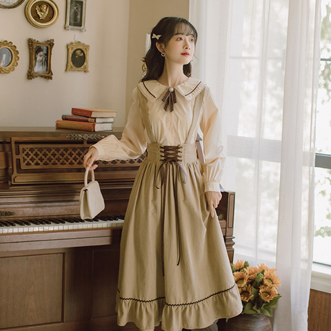 Japonés estilo de niña Mori 2 piezas conjuntos Vintage moderno de las mujeres trajes de Peter Pan Dulce Collar con lazo camisa y vendaje Falda larga ► Foto 1/6