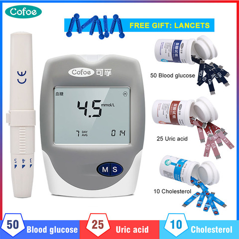 Cofoe-glucómetro 3 en 1, Monitor de niveles, comprobador de ácido úrico, medidor de glucosa en sangre, con tiras de prueba, lancetas, dispositivo para varios monitores de Diabetes ► Foto 1/6