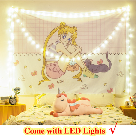 Tapiz de decoración para habitación de niñas, fondo de tela con luz LED, tapiz colgante de pared para dormitorio, sala de estar, cabecera de pared ► Foto 1/6