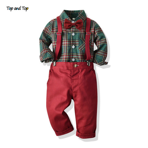 Conjunto de ropa de partes de arriba para niños pequeños, camisa Formal de otoño e invierno, Tops + Pantalones con tirantes, traje de 2 uds., trajes de Navidad ► Foto 1/6