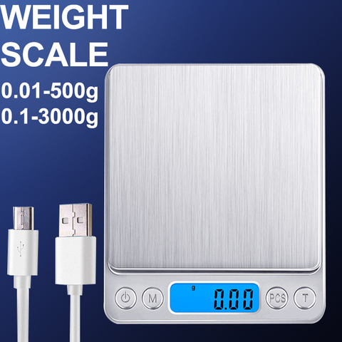 Balanza Digital electrónica de alta precisión, 0,01-500g, 3000g, portátil, LCD, miniusb, para cocina, joyería, herramientas de equilibrio de peso ► Foto 1/6