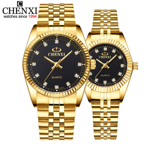 CHENXI, reloj de lujo para parejas, relojes dorados de moda de acero inoxidable para amantes, relojes de pulsera de cuarzo para mujeres y hombres, reloj de pulsera analógico ► Foto 1/6