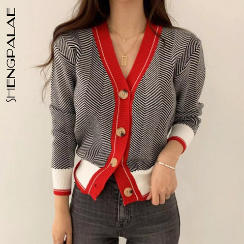 SHENGPALAE 2022, nueva moda de otoño, cárdigans con cuello en V y estampado de espiga corta hilera, Jersey informal holgado para mujer FV295 ► Foto 1/6