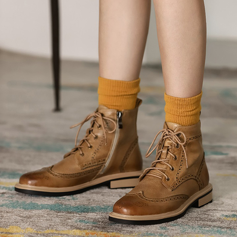 Botas de cuero genuino para Mujer, Botas caladas con flores, Botas de calle platformadas para adolescentes, Botas de motociclista para Mujer ► Foto 1/6