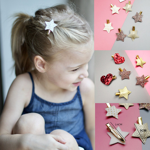 6 piezas de cuero sintético estrella chico niños pasador 6 piezas/lot bling PU pelo clips para niñas niños horquilla accesorios para el cabello niñas ► Foto 1/6