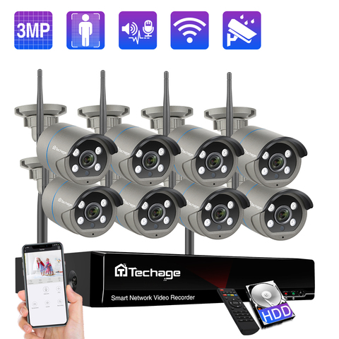 Techage-sistema de cámaras de seguridad inalámbrico, Kit de cámara de videovigilancia CCTV, Audio bidireccional, detección humana, WiFi, IP, 3MP, 8 canales ► Foto 1/6