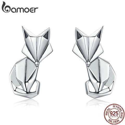 BAMOER gran oferta genuino Plata de Ley 925 de moda plegable Fox pendientes y pasadores con motivos animales para las mujeres de la joyería de la plata esterlina SCE526 ► Foto 1/5