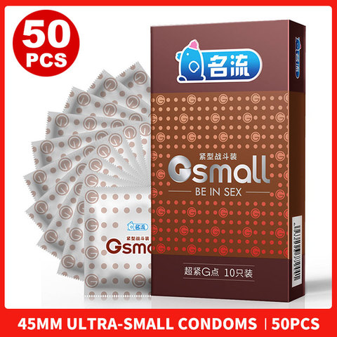 50 Uds 45mm tamaño pequeño condones hombres Ultra-pequeño G partículas estimulación delgado Durable hombre demora duradera anticoncepción segura del producto ► Foto 1/1