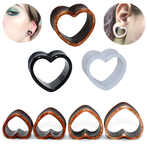Par de expansores de acrílico para oreja, tapón de túnel para carne, Piercing para el corazón, expansor para oreja, color blanco y negro y marrón ► Foto 1/6