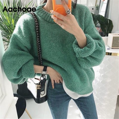 Aachoae-suéter con cuello redondo liso para mujer, suéters de estilo coreano de punto de manga larga, Tops informales, Otoño Invierno 2022 ► Foto 1/6