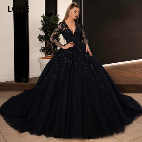 LORIE-vestido de novia negro con lentejuelas, apliques de encaje, manga larga, con cordones, para fiesta de princesa, de talla grande ► Foto 1/5