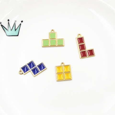 10 unids/pack Tetris Tetromino juego esmalte encantos, colgante de Metal de Color dorado pendiente DIY accesorios de joyería de moda ► Foto 1/6