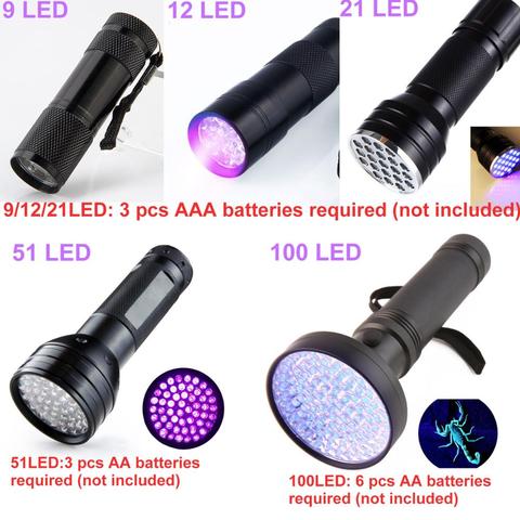 Luz UV de alta calidad, linterna con Zoom de 9-100 LED UV, lámpara de seguridad, luz ultravioleta de detección, luz negra, batería AA ► Foto 1/6