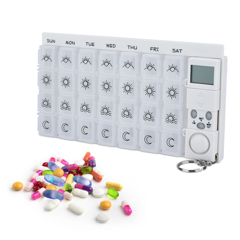 Caja organizadora de pastillas LED, con temporizador, recordatorio, 28 rejillas, almacenamiento semanal, reloj despertador ► Foto 1/6