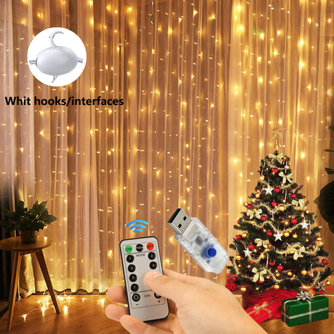 Tira de luces LED plateadas para cortina de Cable USB, con gancho, guirnalda de hadas, 13 llaves, Control remoto RF, para Navidad, exteriores, boda, 3x3M ► Foto 1/6