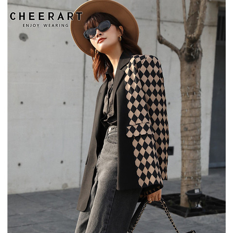 CHEERART-mujeres Blazers y chaquetas a cuadros para mujer, abrigos de retazos de diseñador, chaqueta de manga larga, traje ► Foto 1/6