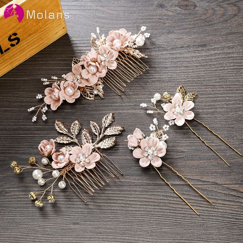 MOLANS horquilla de lujo para mujeres peines tocado Prom corona para novia accesorios de pelo elegantes Gorro con hojas doradas 1 pieza ► Foto 1/6