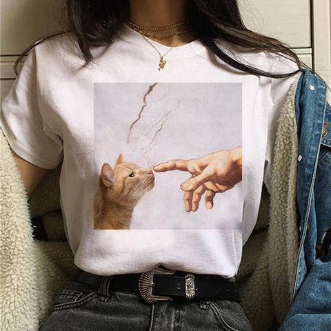 Camiseta con estampado de gato Van Gogh para mujer, bonita camiseta divertida con pintura al óleo de dibujos animados de los 90, top informal ulzzang para mujer ► Foto 1/6