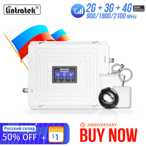 Lintratek 2g 3g 4g Tri banda de señal de 900 de 1800, 2100 GSM WCDMA UMTS y LTE repetidor de celular amplificador Triple banda de señal de teléfono celular de la telefonía móvil repetidor de señal de juego de la antena ► Foto 1/6