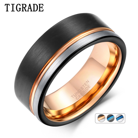 TIGRADE-Anillo de tungsteno para hombre, anillo de boda de 8mm con línea de oro rosa y Negro cepillado, joyería de fiesta para hombre ► Foto 1/6