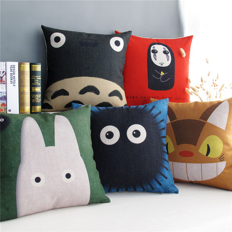 Funda de cojín decorativa de hogar funda de almohada japonesa Hayao Miyazaki Totoro Series, cojines de lino de algodón con patrón de gato, 45x45cm ► Foto 1/6