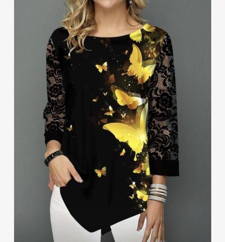 Blusa informal de talla grande con manga elástica para primavera y verano, camisa negra con estampado para mujer, 3/4 ► Foto 1/6