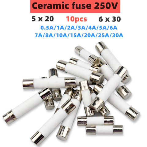 10 pzas/lote una venta 5*20mm 6*30mm golpe rápido fusibles de tubo mm 250V 0,1, 0,2, 0,3, 0,5, 1, 2, 3, 4, 5, 6 8 10 15 20 25 30A AMP fusible de cerámica ► Foto 1/6