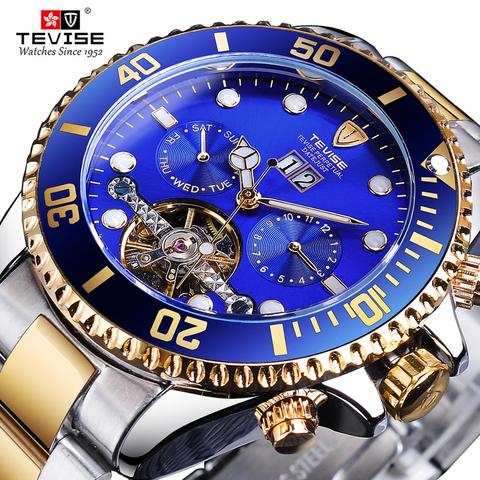 TEVISE-Reloj Automático Tourbillion para hombre, con diseño de calendario, azul, dorado, azul marino, mecánico, resistente al agua ► Foto 1/6